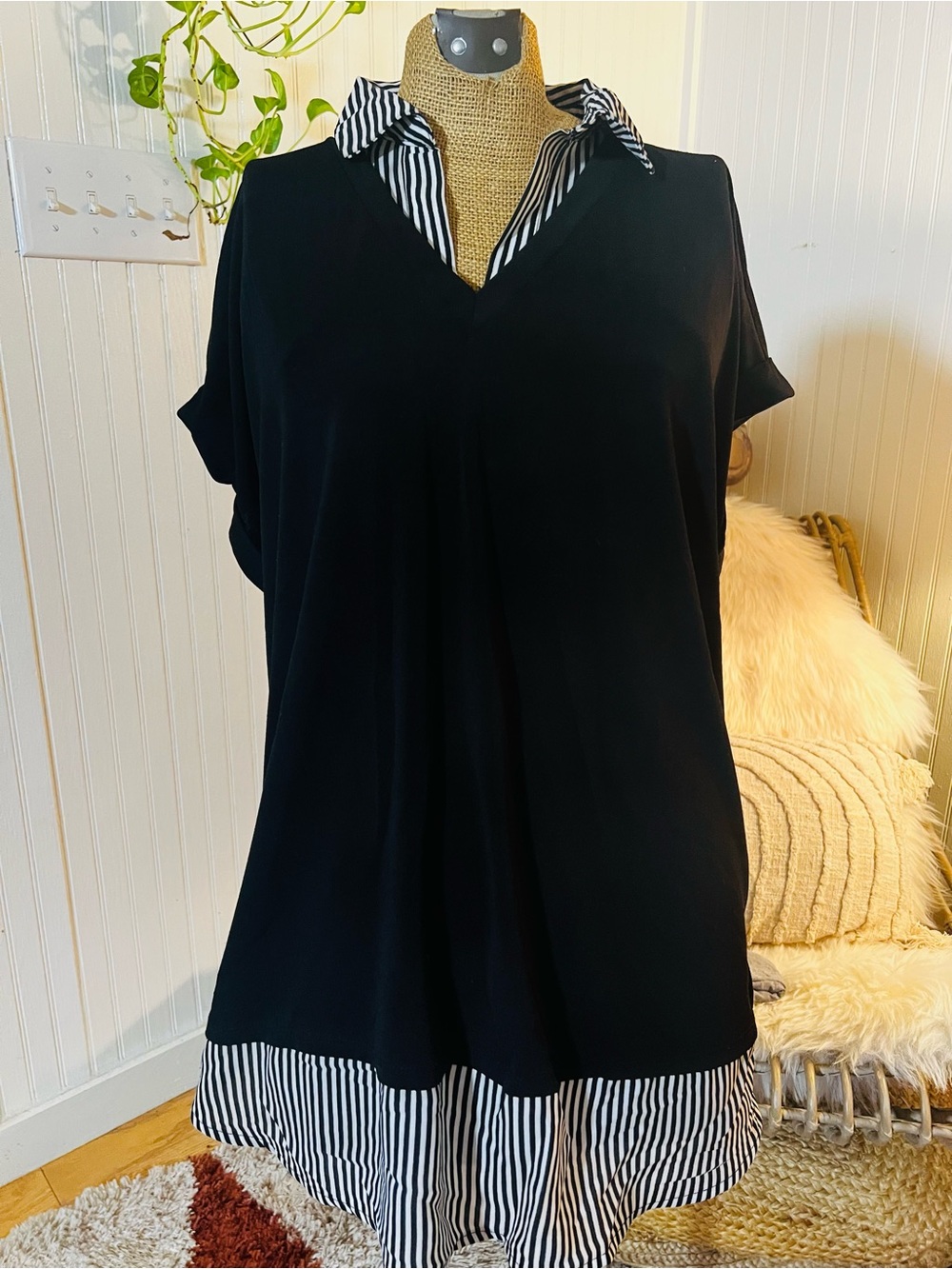 Adrianna Papell Black Tunic with Black-and-White Striped Trim